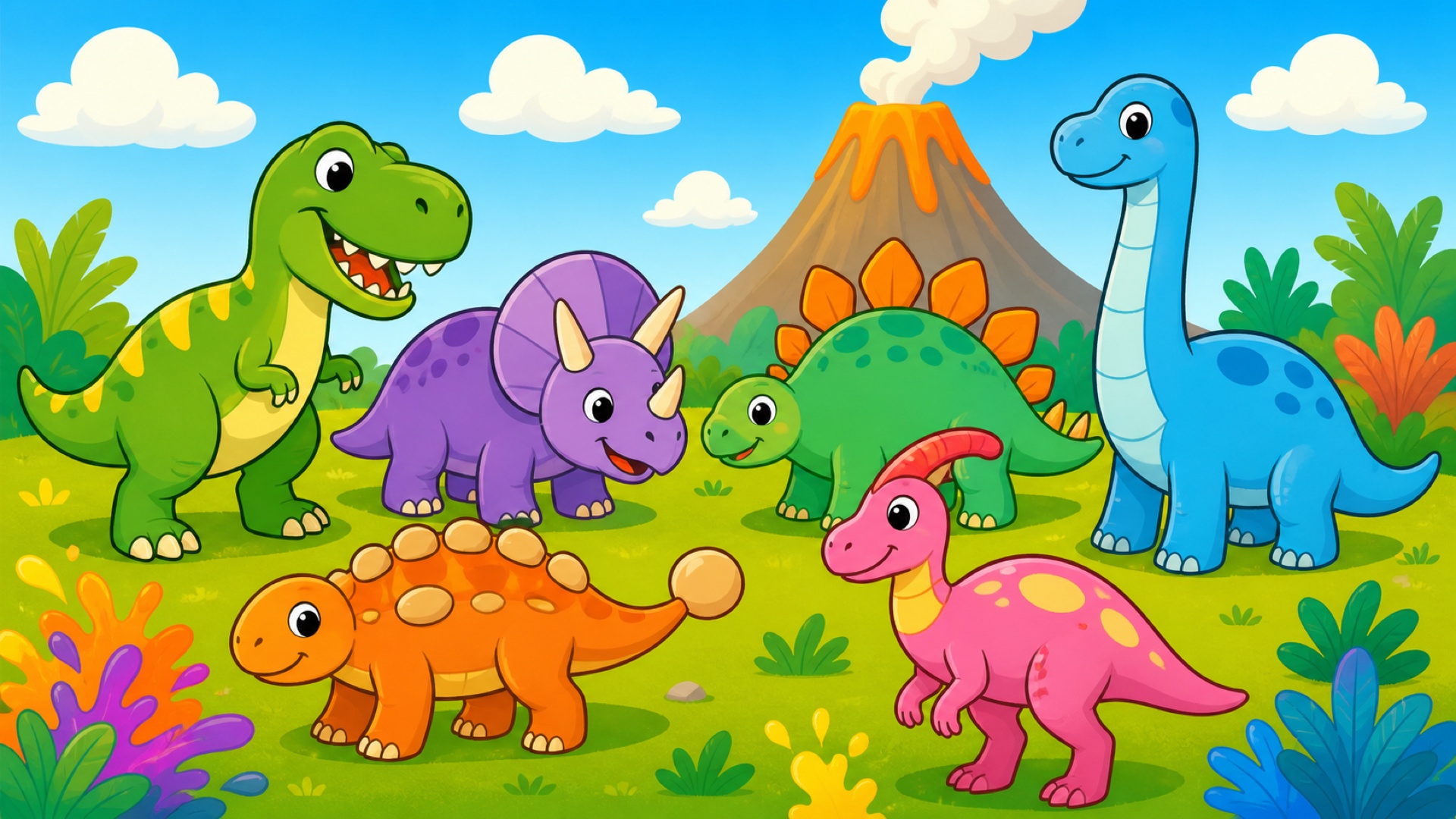Six colorful dinosaur friends beside a volcano in the Dinosaur Coloring Challenge artwork