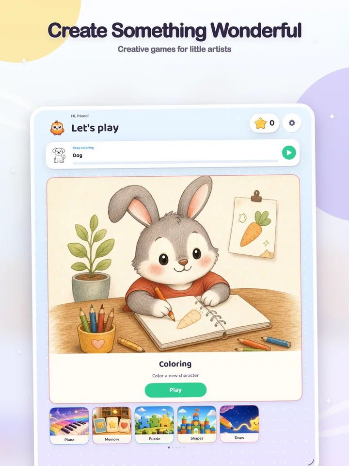 The colorful home screen with six playful activities