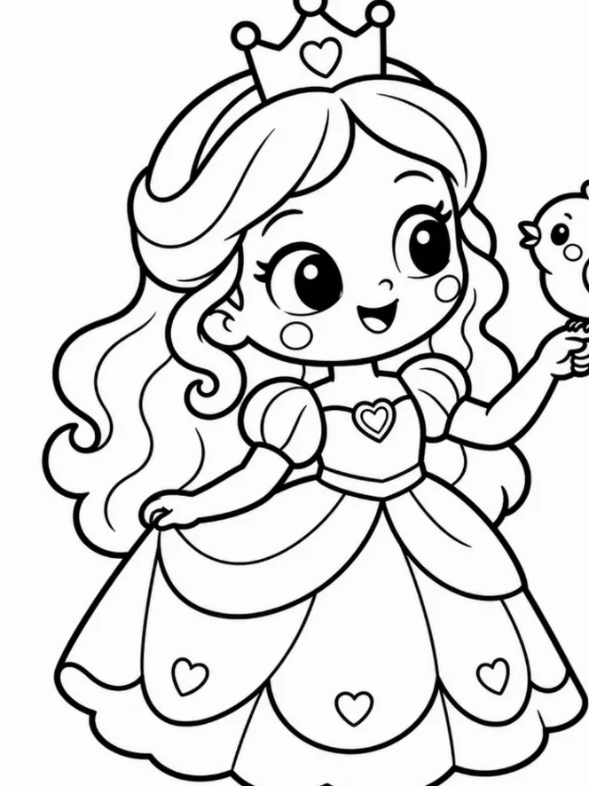 A princess picture ready to color, with the drawing tools on the right